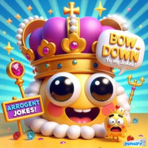 A playful crowned character with large eyes, holding a sign with 'Arrogant Jokes!'
