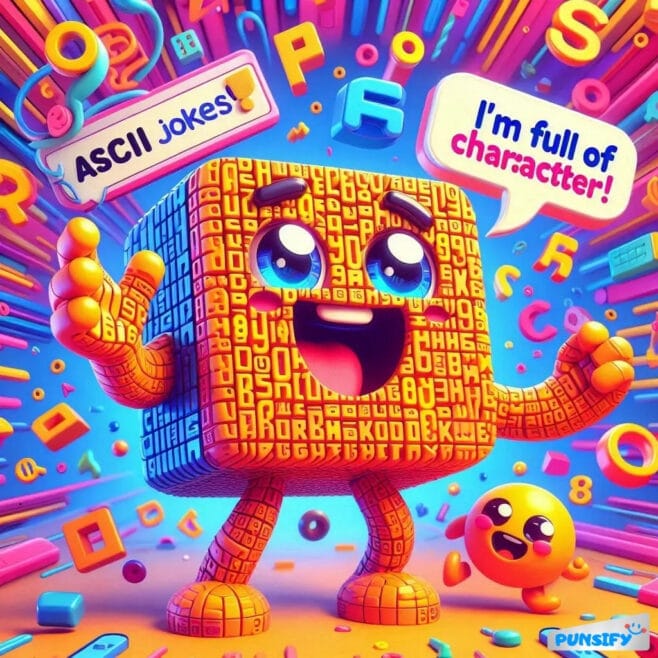 A joyful cube made of letters exclaims about ASCII jokes, holding a smaller smiling emoji.