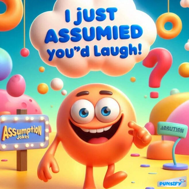 Cheerful orange character grinning and pointing, surrounded by colorful shapes and signs.