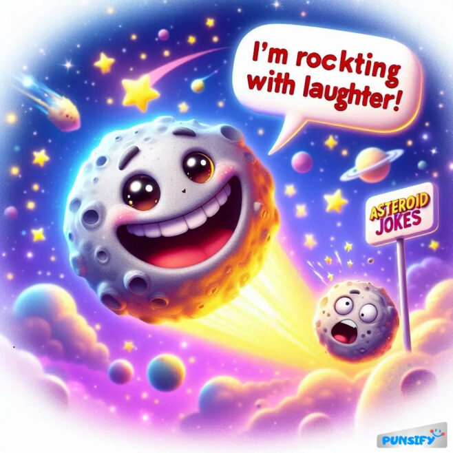 A joyful moon exclaims, "I'm rocking with laughter!" as it zooms through a colorful space filled with stars.