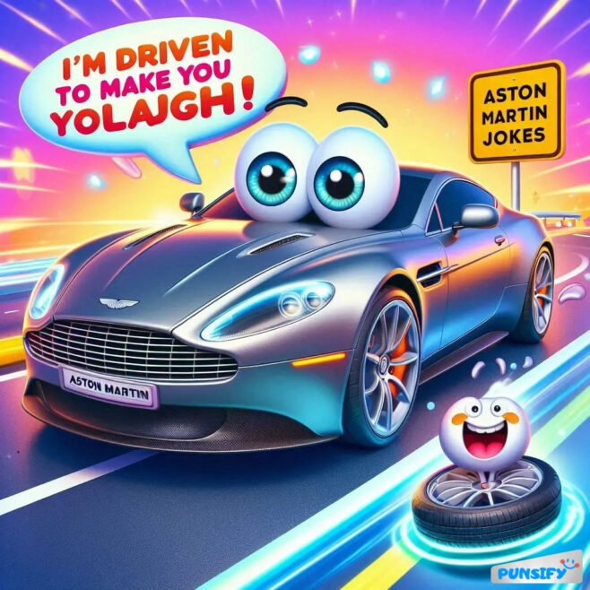 Aston Martin car with big eyes and a smiling tire character, colorful background with a road.
