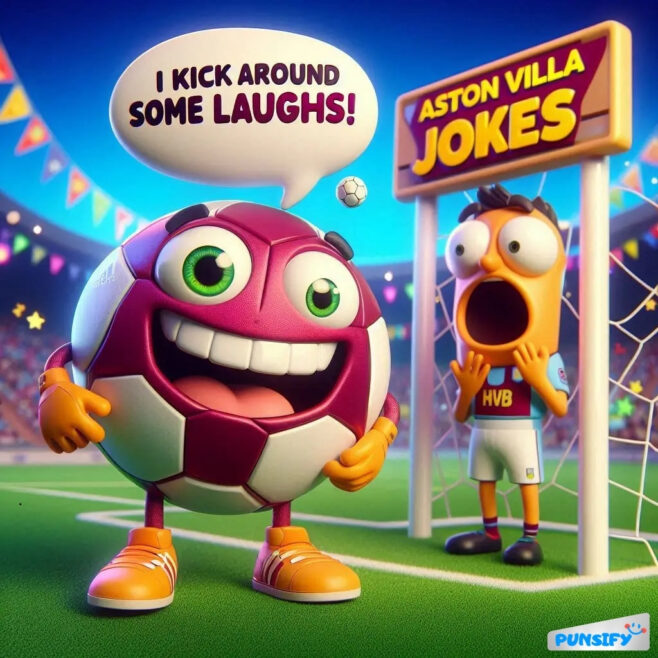 A cheerful soccer ball grinning with big eyes, shouting a joke, while a surprised player reacts.