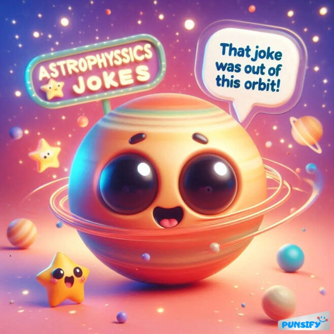 Smiling planet with star, sign says 'Astrophysics Jokes', speech bubble: 'That joke was out of this orbit!'