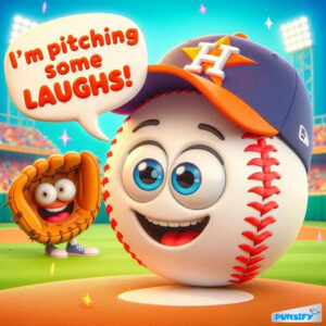A baseball with a big grin wearing an Astros cap exclaims a pun.