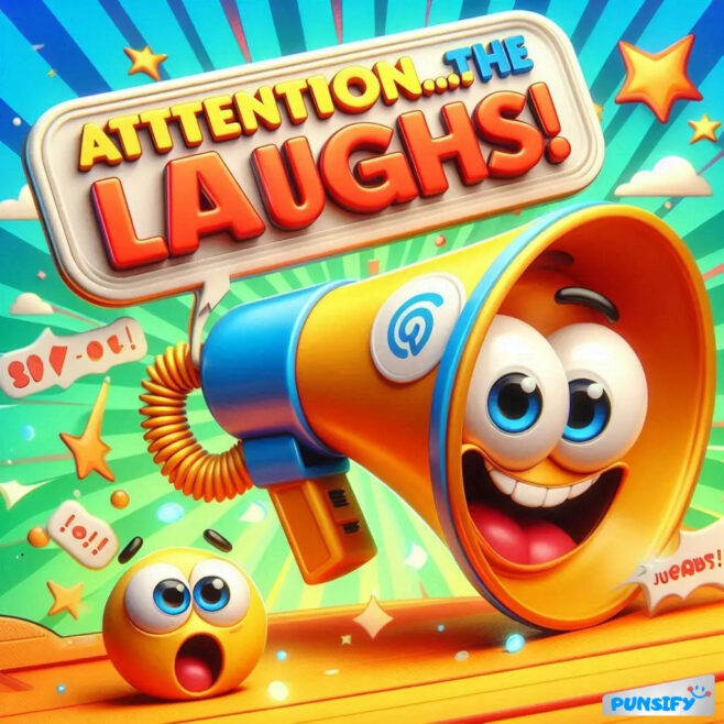 Cheerful megaphone exclaims with a happy face, announcing laughter; a small emoji looks surprised.