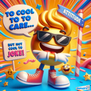 Smiling emoji with sunglasses, arms crossed, playful background with colorful elements.