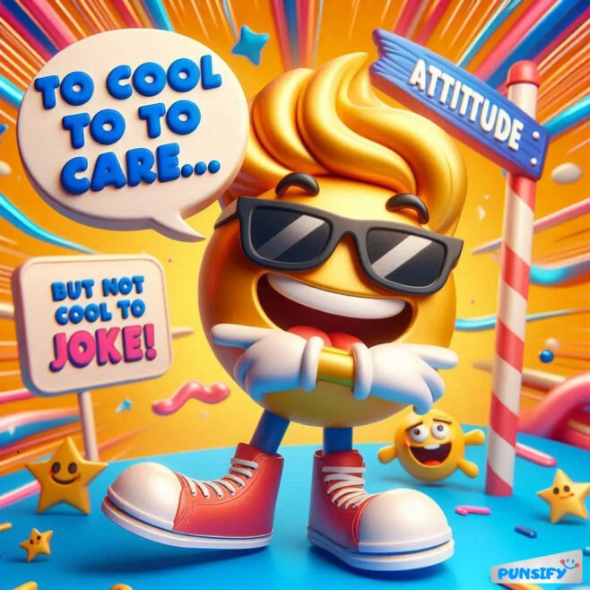 Smiling emoji with sunglasses, arms crossed, playful background with colorful elements.