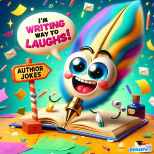Colorful character with a pen and an open book, celebrating writing humor.