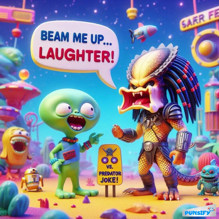 Alien and Predator joke scene with vibrant outer space elements.