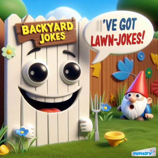 A smiling fence with big eyes and a tongue, saying "I've got lawn-jokes!" with a gnome nearby.