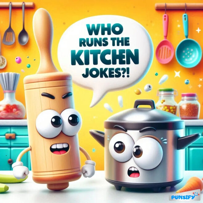 Rolling pin and pot animated characters with expressive eyes in a colorful kitchen.