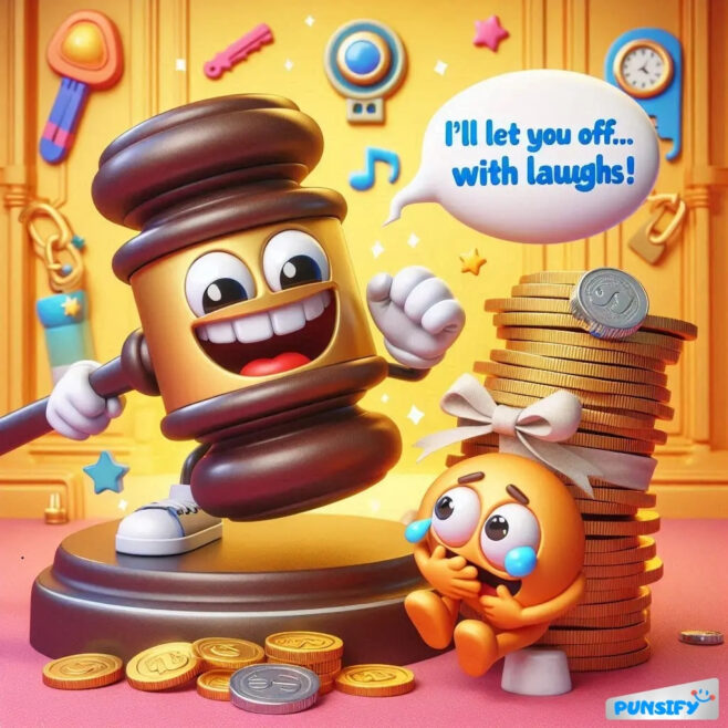 A cheerful cartoon gavel character with a smiling face, next to a happy orange character and stacks of coins.