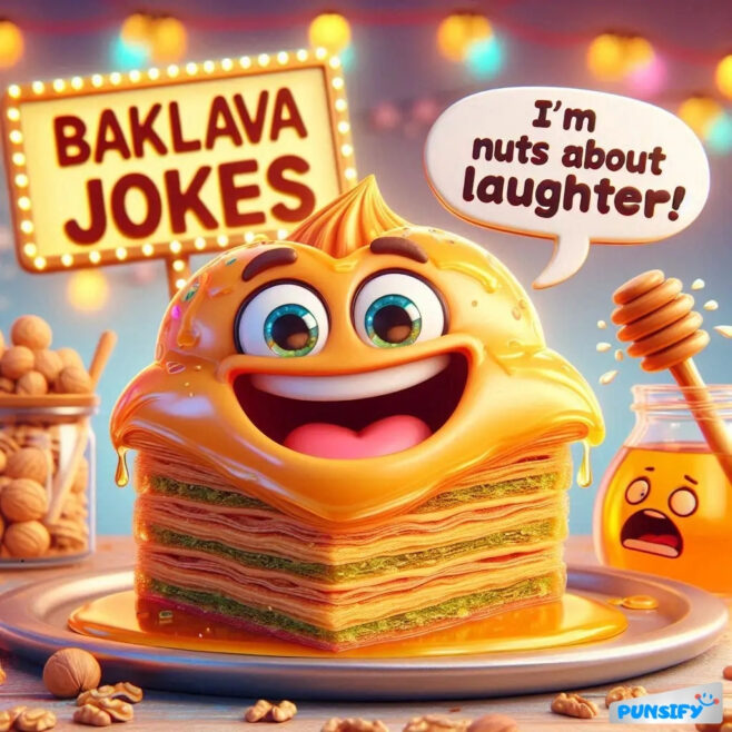 A happy baklava dessert with a big smile, exclaiming about laughter.