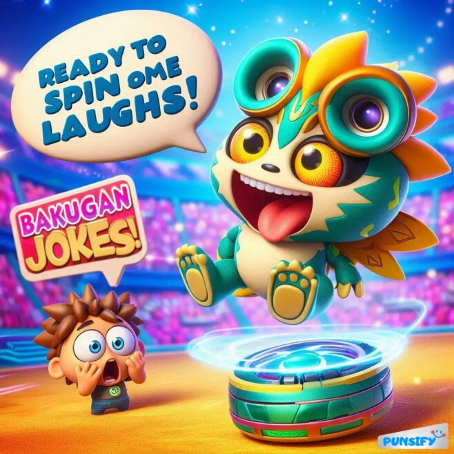 Excited creature ready to spin and tell Bakugan jokes, while a boy looks amazed.