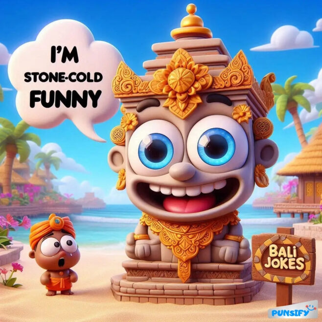 Funny stone statue in Bali with big eyes and a small companion, humorous vibe.