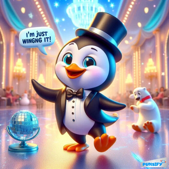 Penguin in a tuxedo striking a pose with a disco ball, exclaims, "I'm just WINGING IT!"