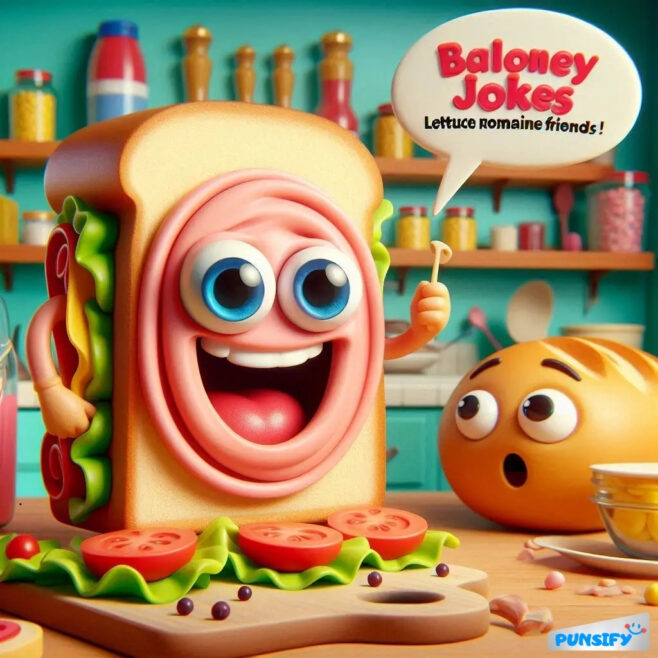 Smiling sandwich with big eyes and speech bubble saying, "Baloney Jokes! Lettuce romaine friends!"