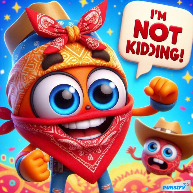 Smiling orange character in a bandana exclaims, "I'm NOT kidding!"