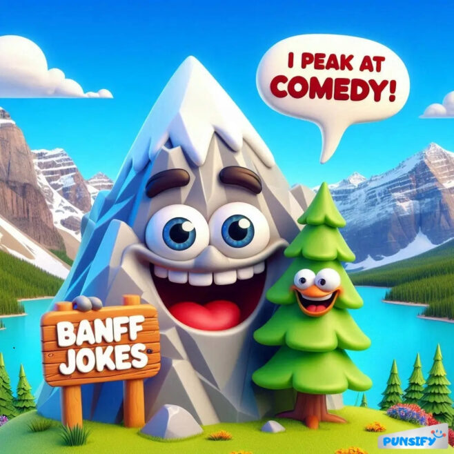 A happy mountain with eyes and a tree buddy, saying 'I PEAK AT COMEDY!'