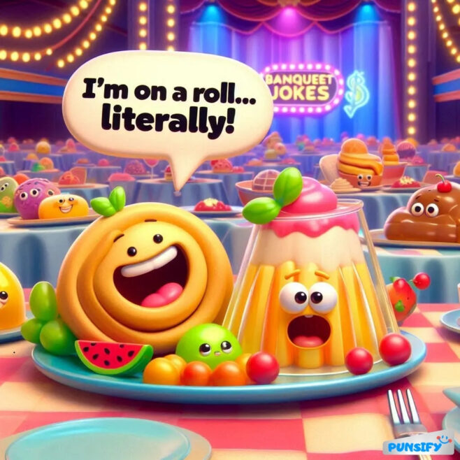 Smiling roll and dessert joke about being on a roll; fun dining scene.