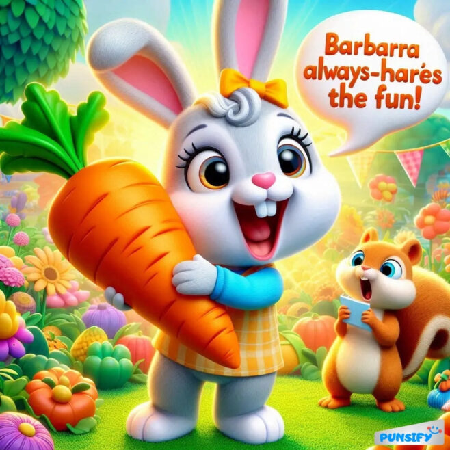 Bunny with a big carrot smiling joyfully next to a surprised squirrel.