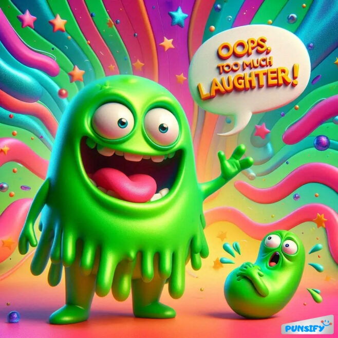 Two green, goofy slime characters express humor, one laughing hard, the other shocked.