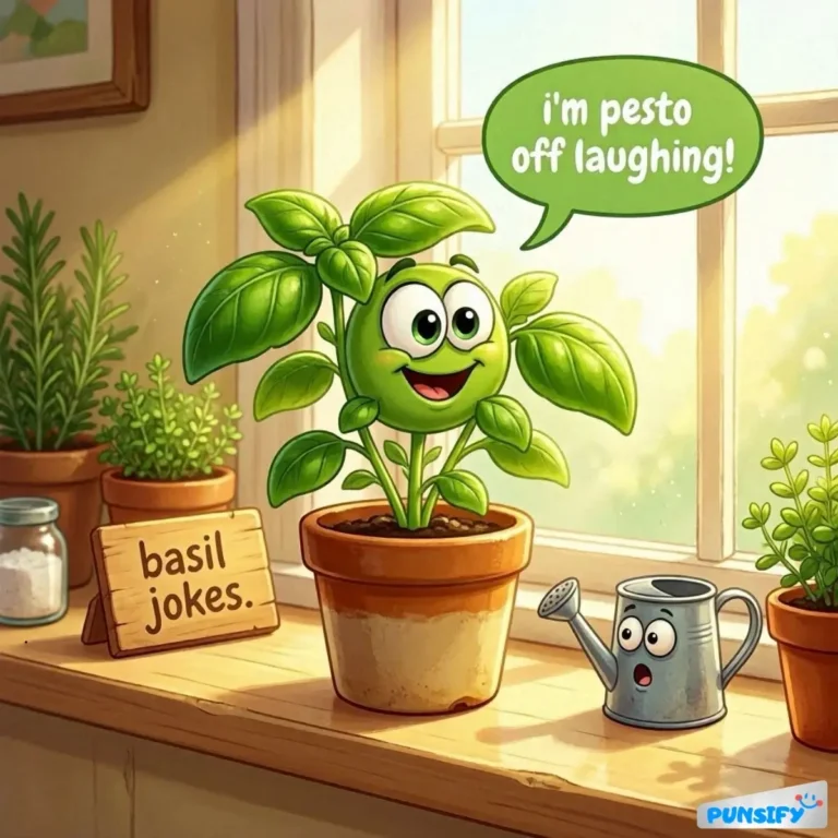 A cheerful basil plant with a big smile, beside a watering can, humorously saying, "I'm pesto off laughing!"