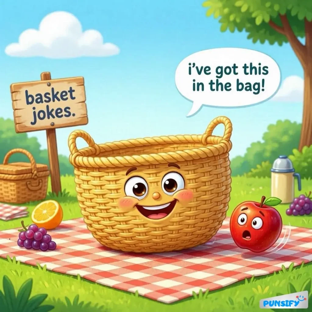 A smiling basket with an apple beside it, saying, 'I've got this in the bag!'