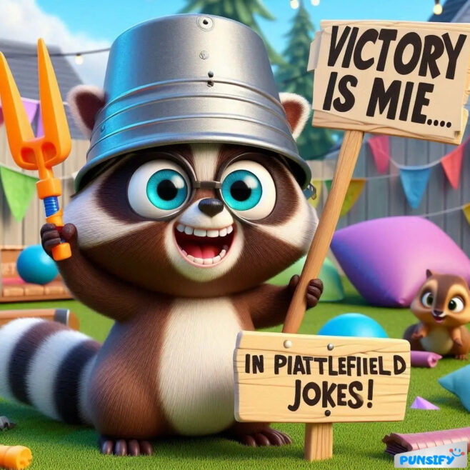 Raccoon in a bucket hat holding a sign about jokes.