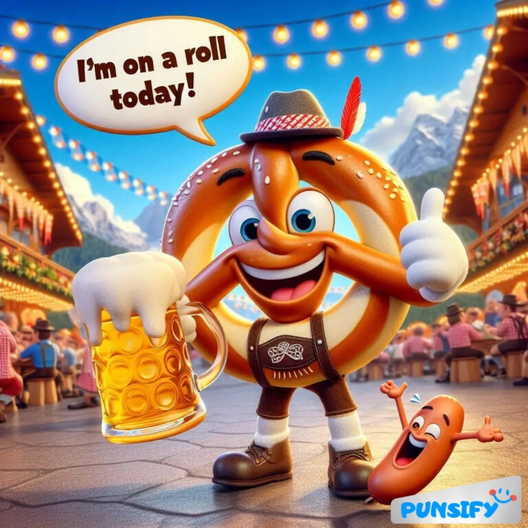 A jovial pretzel mascot raises a beer mug, laughing with a tiny sausage beside him.
