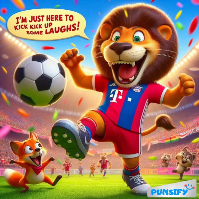 Lion in a soccer jersey kicks a ball, smiling with a fox nearby.