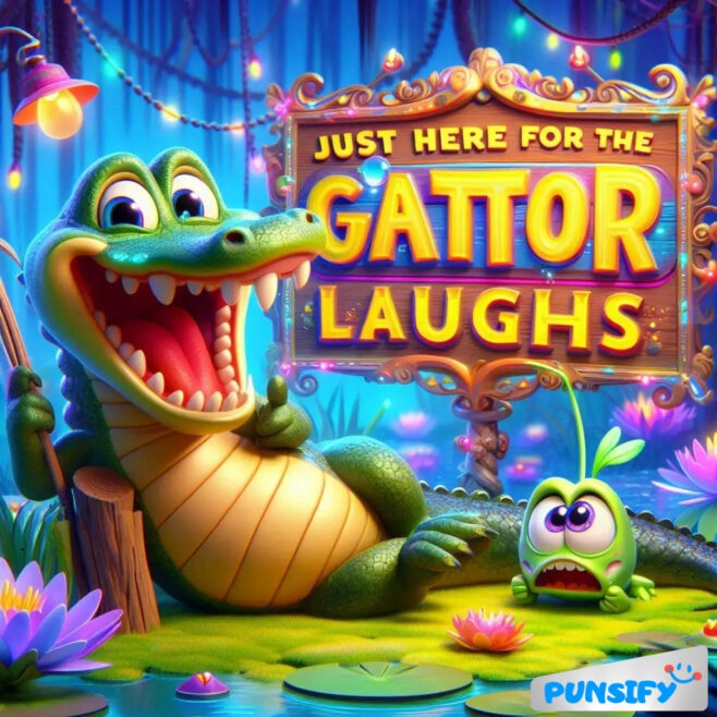 Happy alligator grinning beside a smaller, surprised creature in a colorful swamp setting.