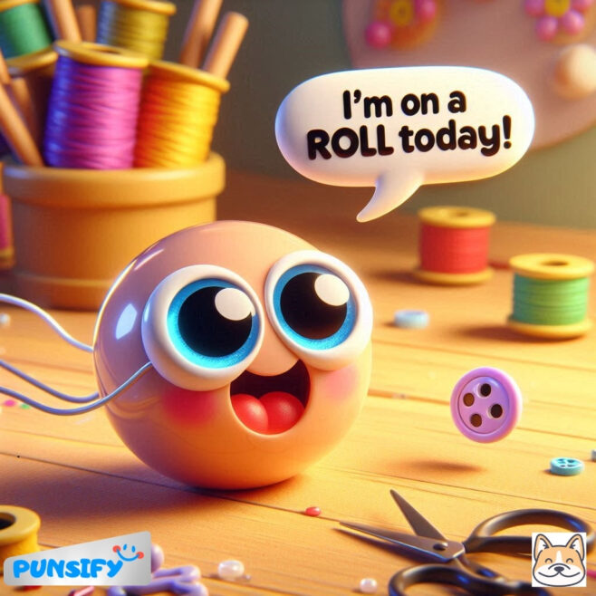 A cute animated character with big eyes and a cheerful expression, surrounded by sewing materials.