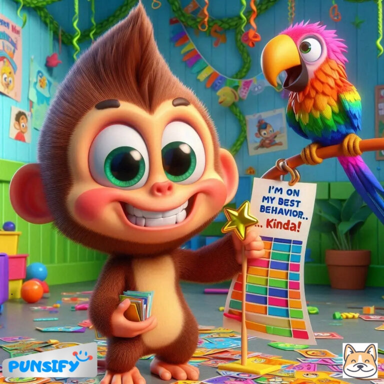 Cheerful monkey holding a behavior chart with a parrot beside him, surrounded by playful decorations.