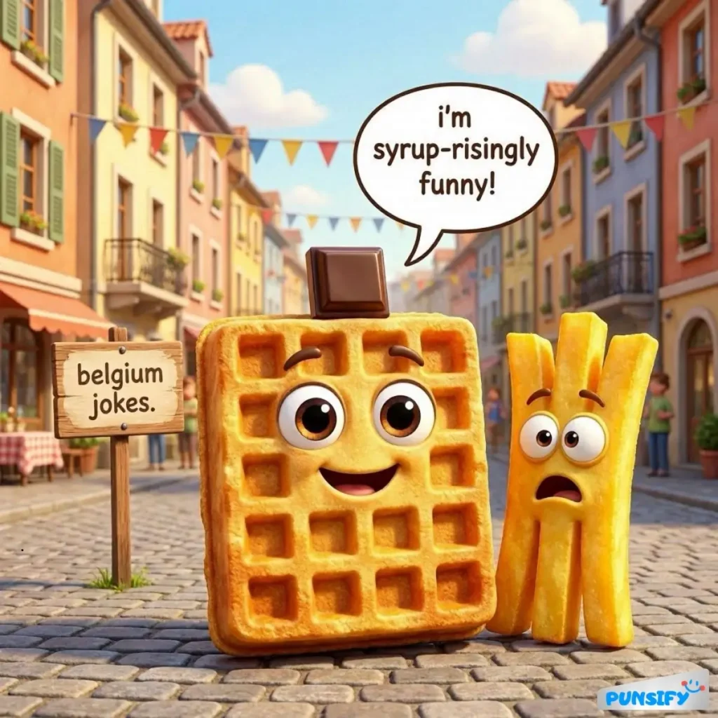 A waffle and a fry share a laugh in a quaint street, with a sign reading 'Belgium jokes.'