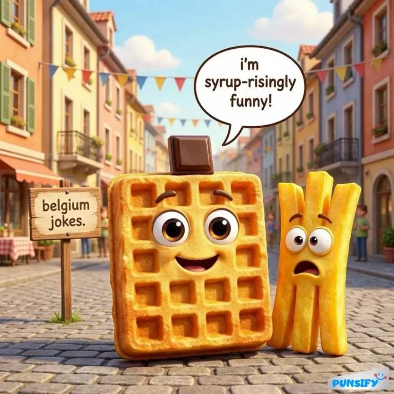 A waffle and a fry share a laugh in a quaint street, with a sign reading 'Belgium jokes.'