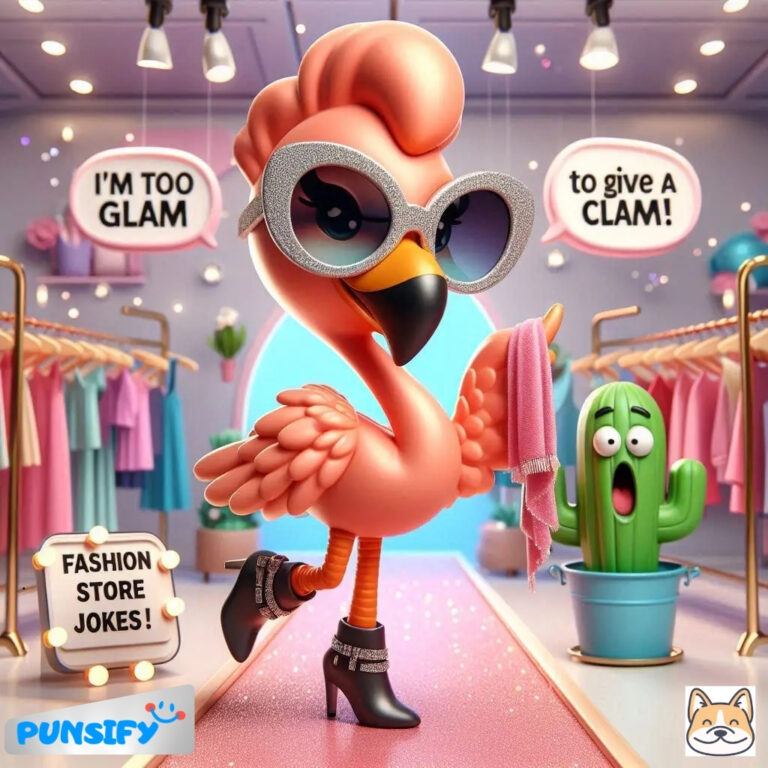 A stylish flamingo in oversized sunglasses struts confidently in a boutique.