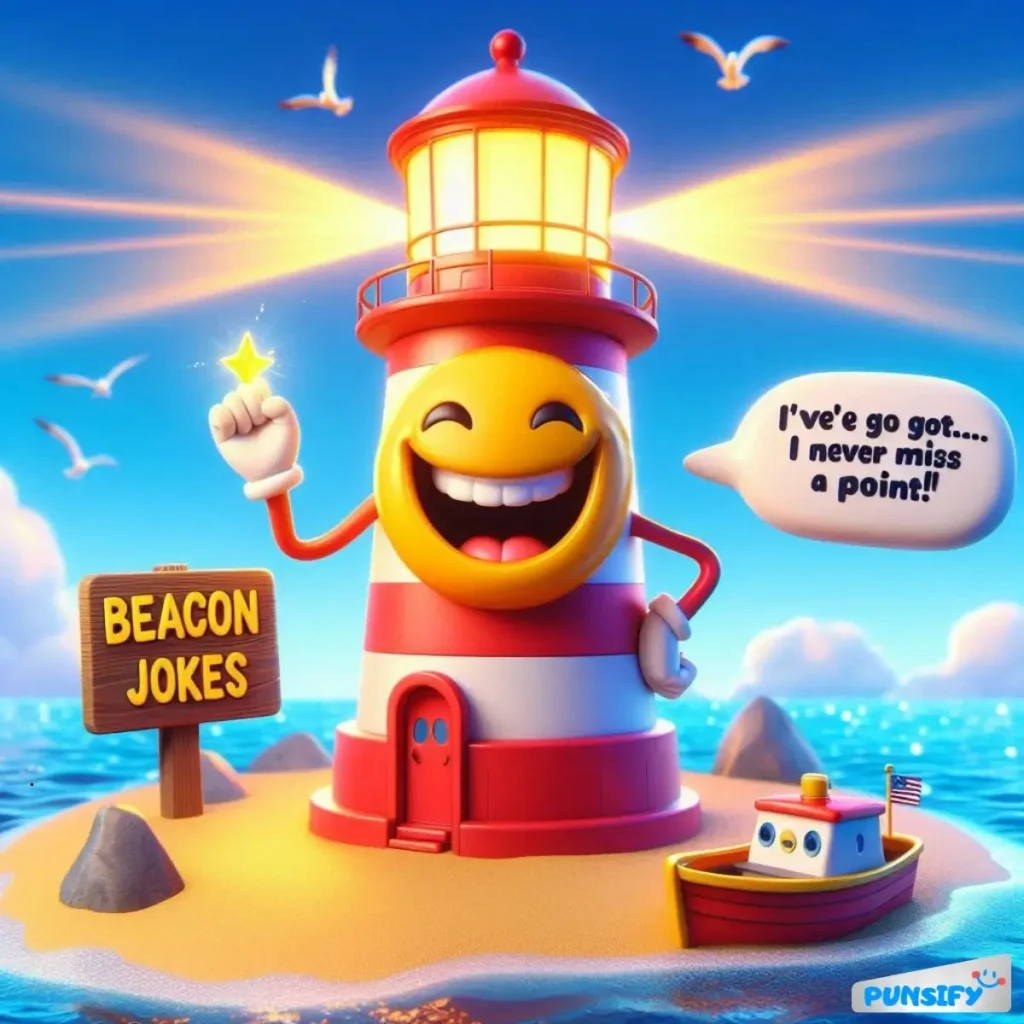 A lighthouse with a smiling face, holding a star, beside a sign that says 'Beacon Jokes'.