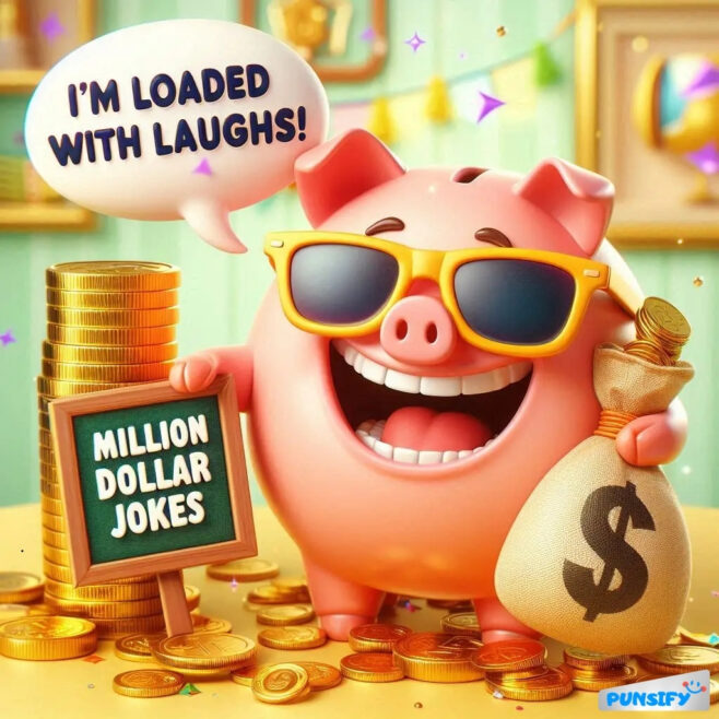 A cheerful piggy bank with sunglasses, holding a sign about jokes and a money bag.