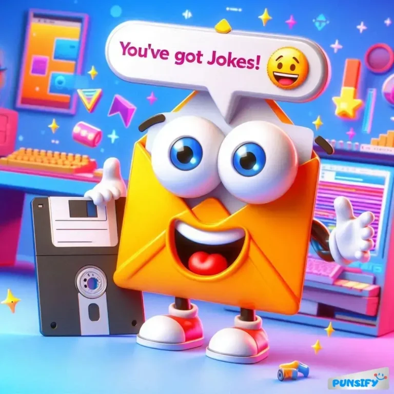 A cheerful envelope character holds a floppy disk, exclaiming, 'You've got Jokes!'