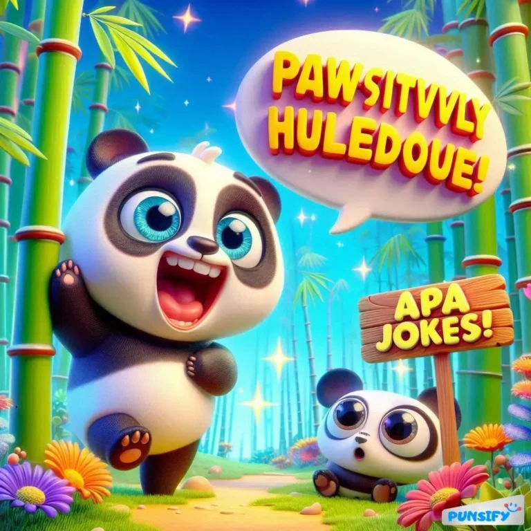 Two excited pandas in a bamboo forest, one shouting, 'PAWSITIVELY HILARIOUS!'