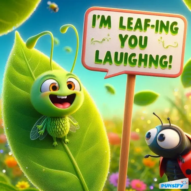 A green bug on a leaf holding a sign, smiling at a black bug.