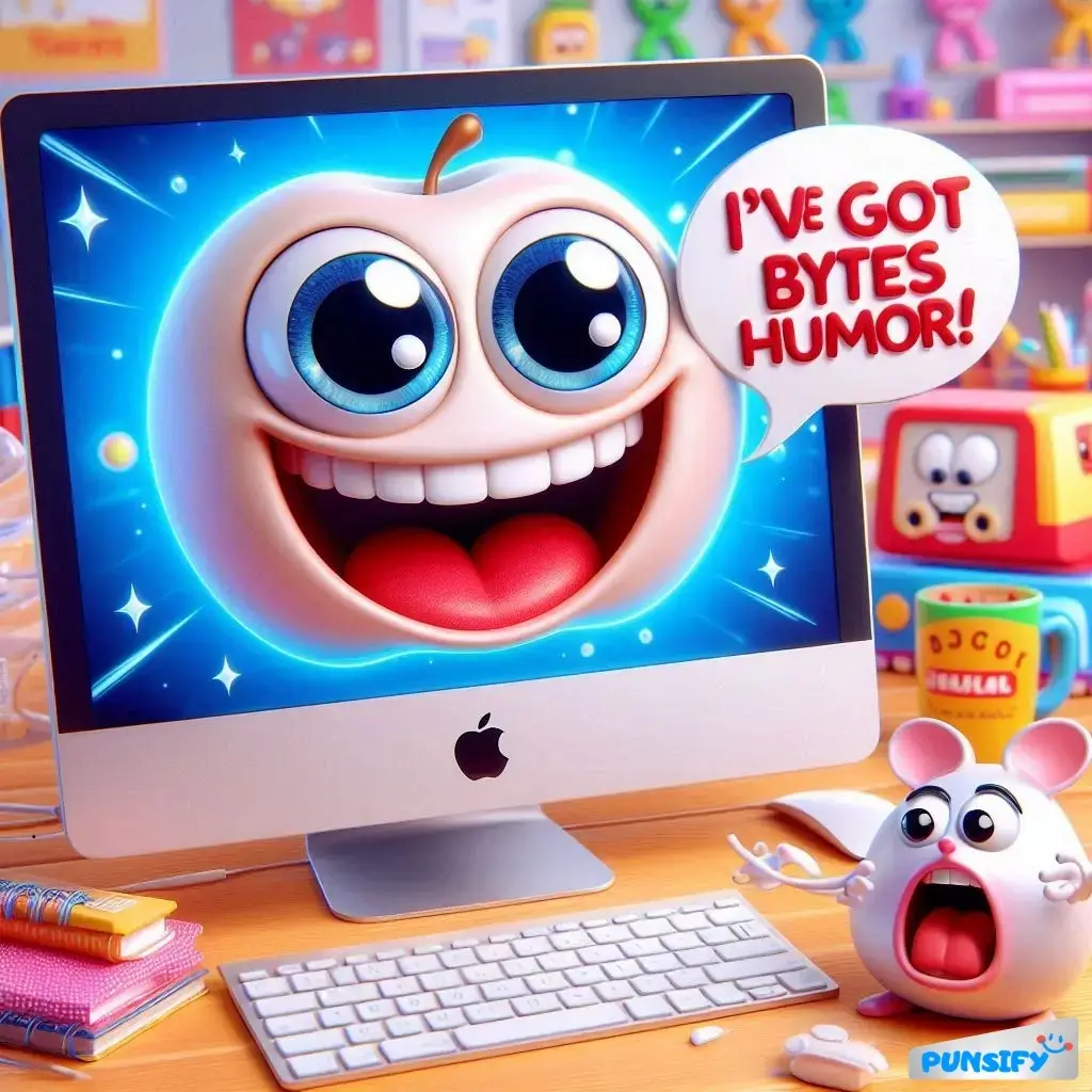 A computer screen displays a smiling apple with big eyes, saying, "I've got bytes humor!"