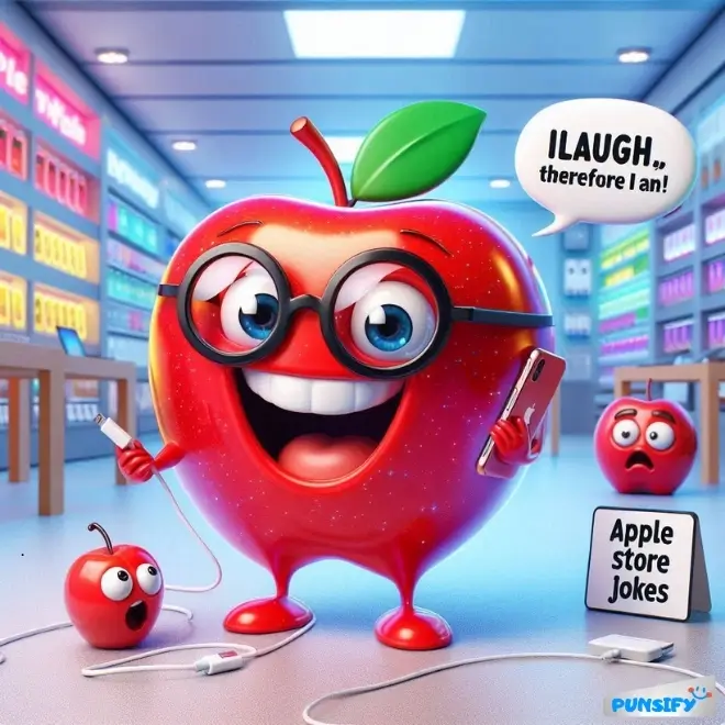 A playful apple character with glasses holding a phone, surrounded by smaller apples in a tech store.
