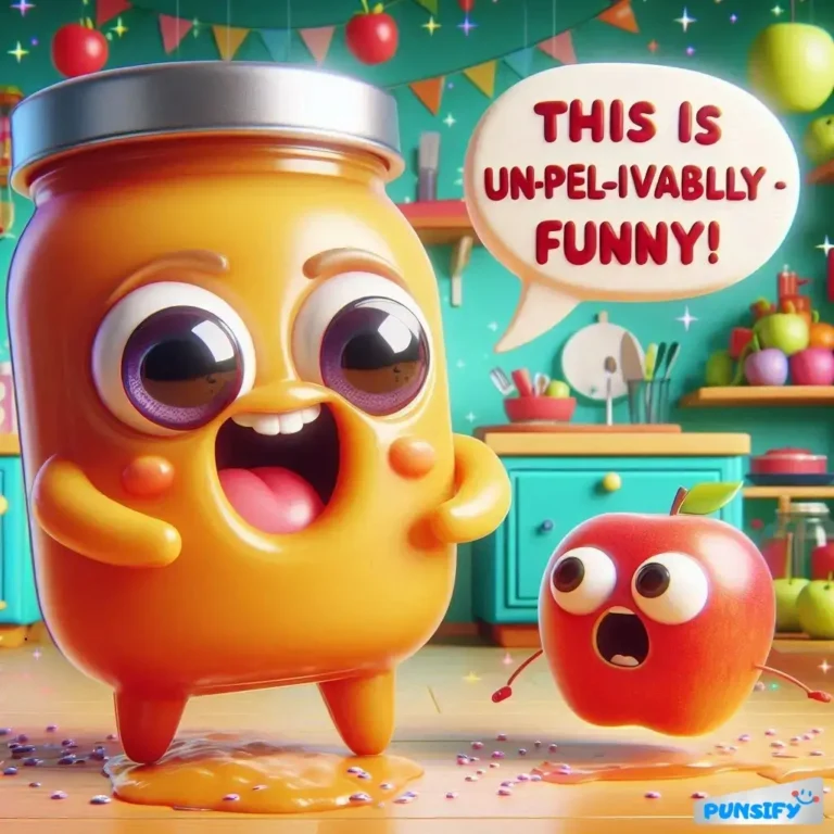 A jar of smiling jelly and an apple with wide eyes, both in a kitchen filled with decorations.