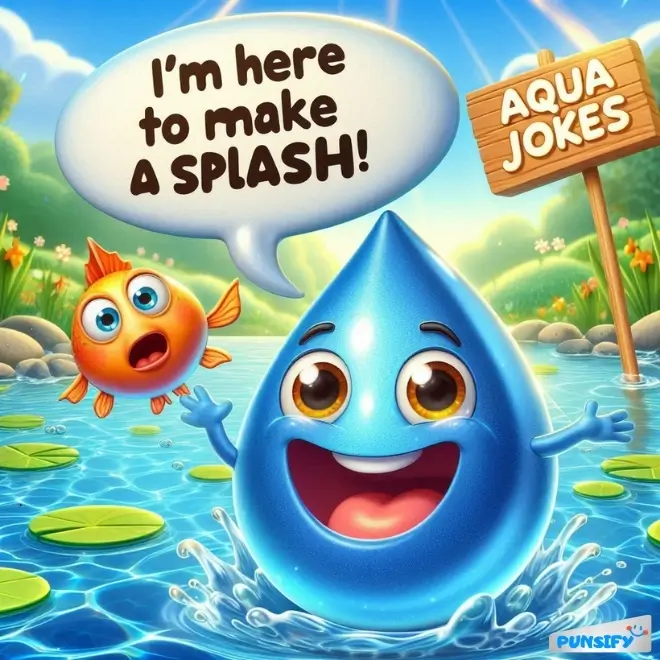 A cheerful water droplet and a fish in a pond, with a sign for Aqua Jokes.
