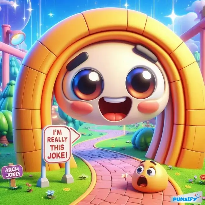 A cheerful archway with a big smile and wide eyes, with a smaller character surprised beneath it.