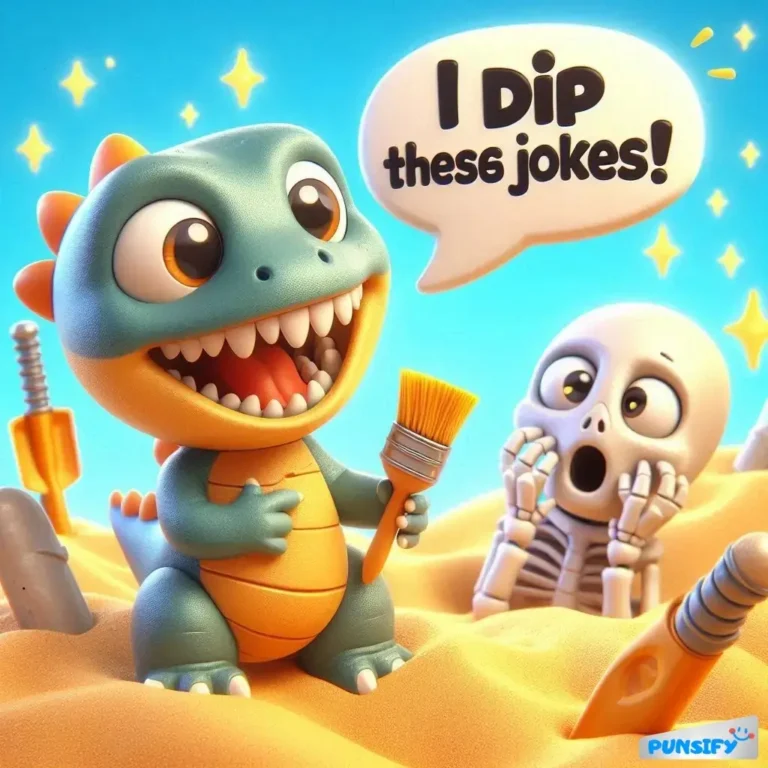 A playful dinosaur holds a brush in the sand, while a shocked skeleton reacts.