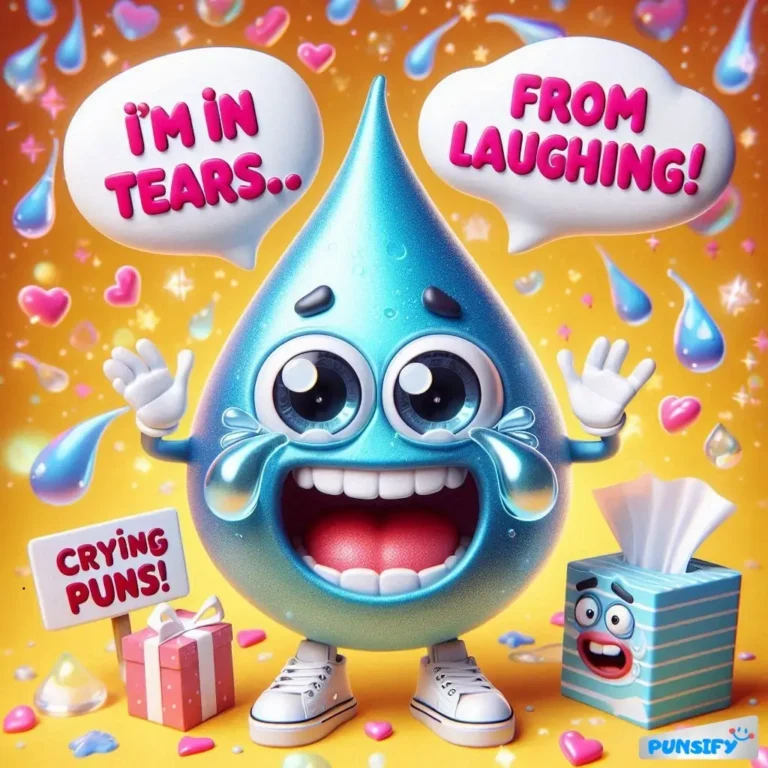 A cheerful water droplet with big eyes and a wide smile, laughing and crying happy tears.