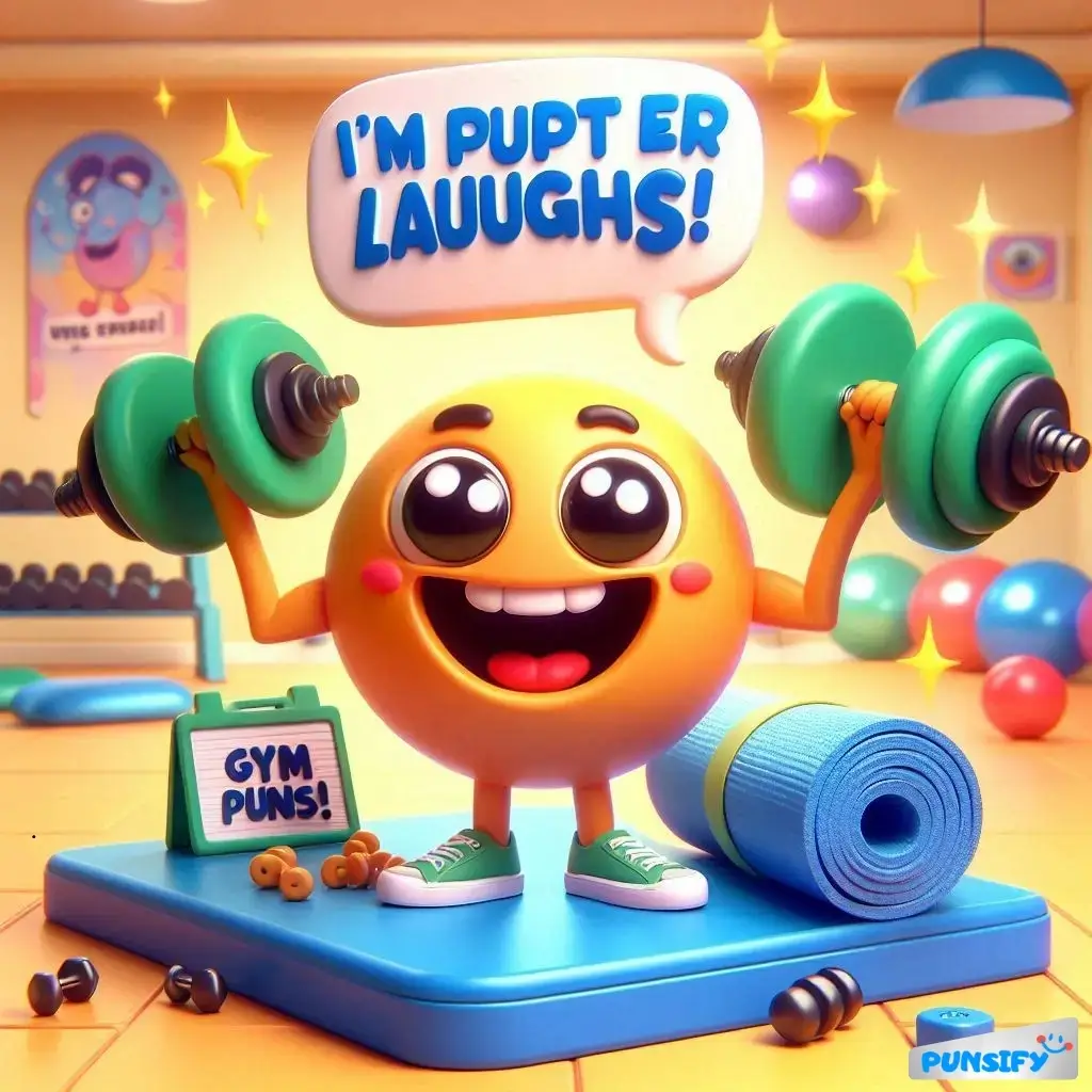 Smiling emoji lifting weights with a pun sign and gym items.